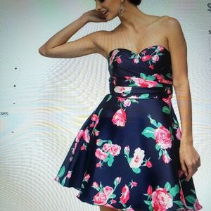 Navy blue floral strapless dress